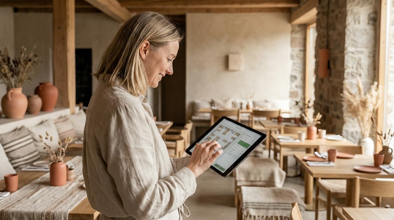 Restaurantvert ser over bordkart og bookinger på et nettbrett