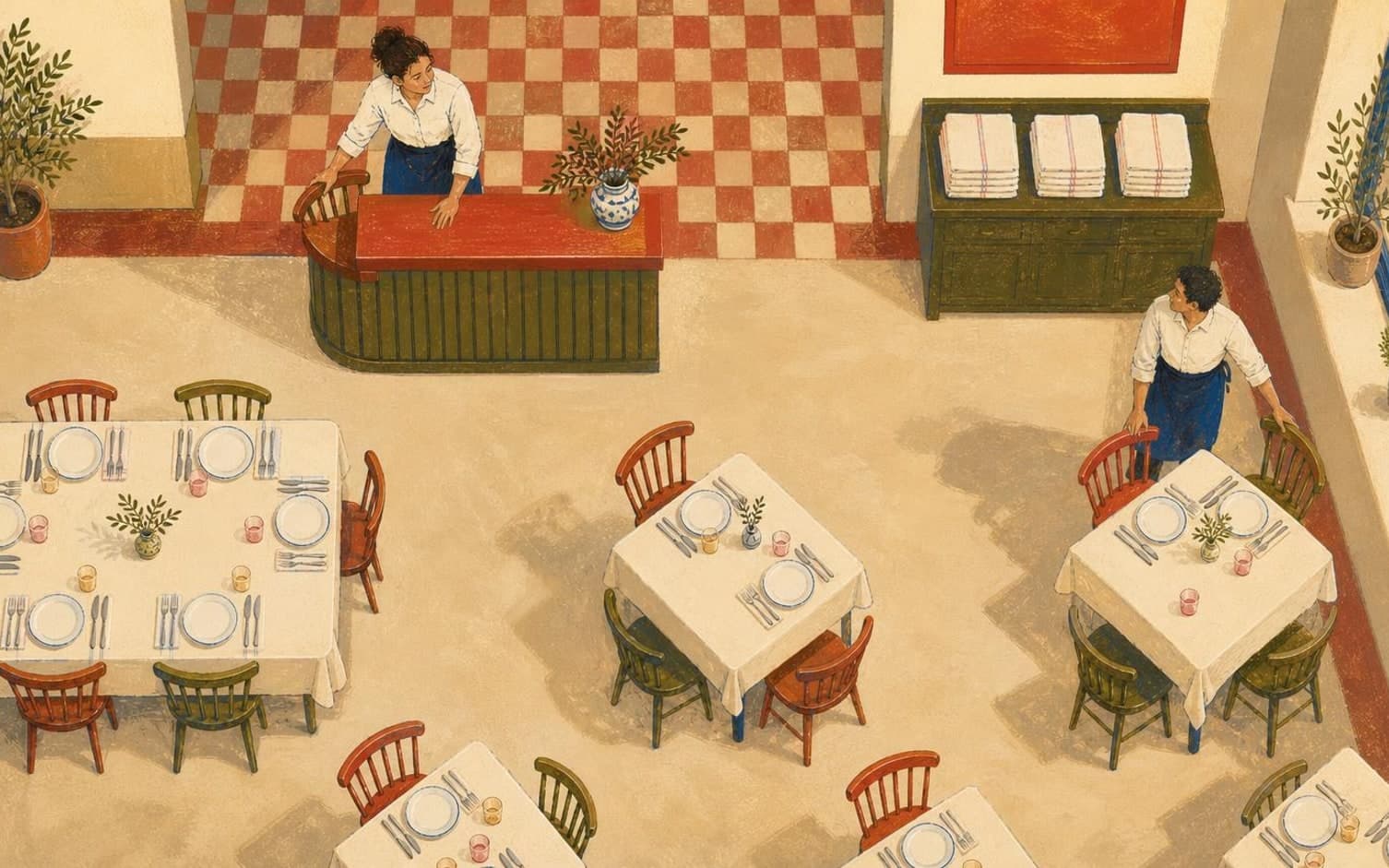 Illustration ovanifrån av en restaurangsal där två servitörer förbereder dukade bord med bestick innan service