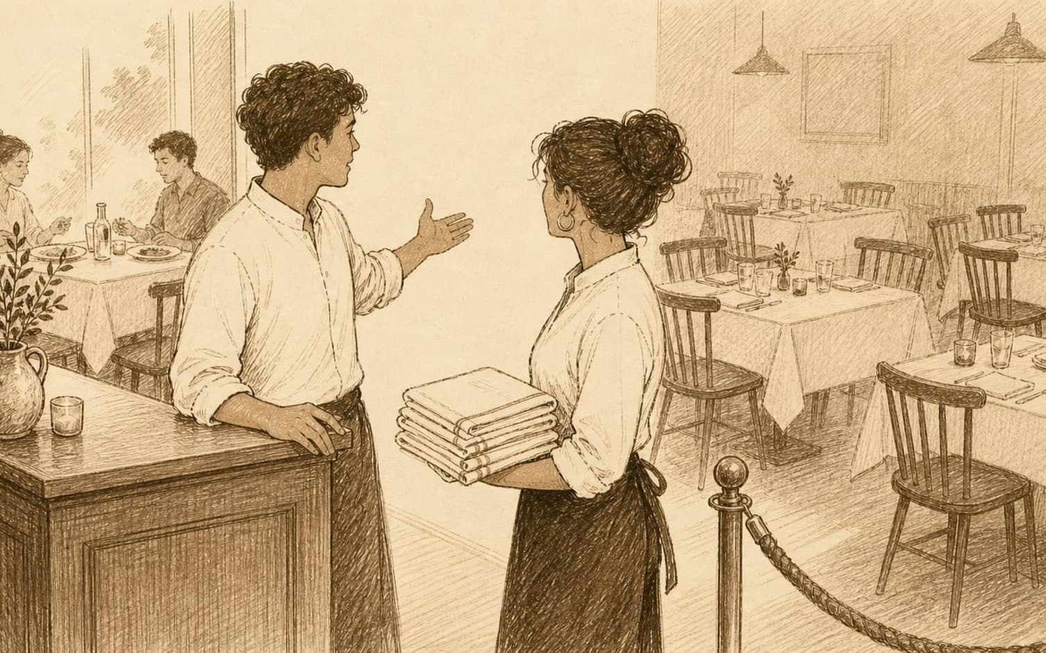 En vært gestikulerer mod en kollega, der holder en stak menuer ved indtjekningsdisken i en tegnet restaurantscene med dækkede borde og en afspærring.