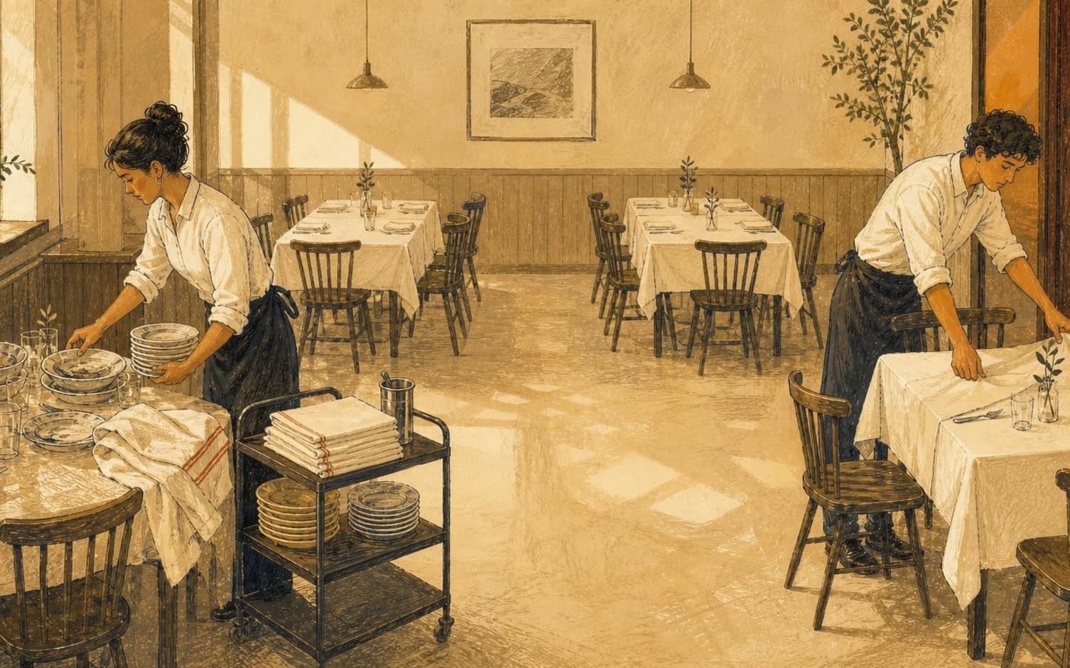 To tjenere dækker borde i en solbeskinnet restaurant mellem to serveringer, med en vogn fyldt med tallerkener og servietter