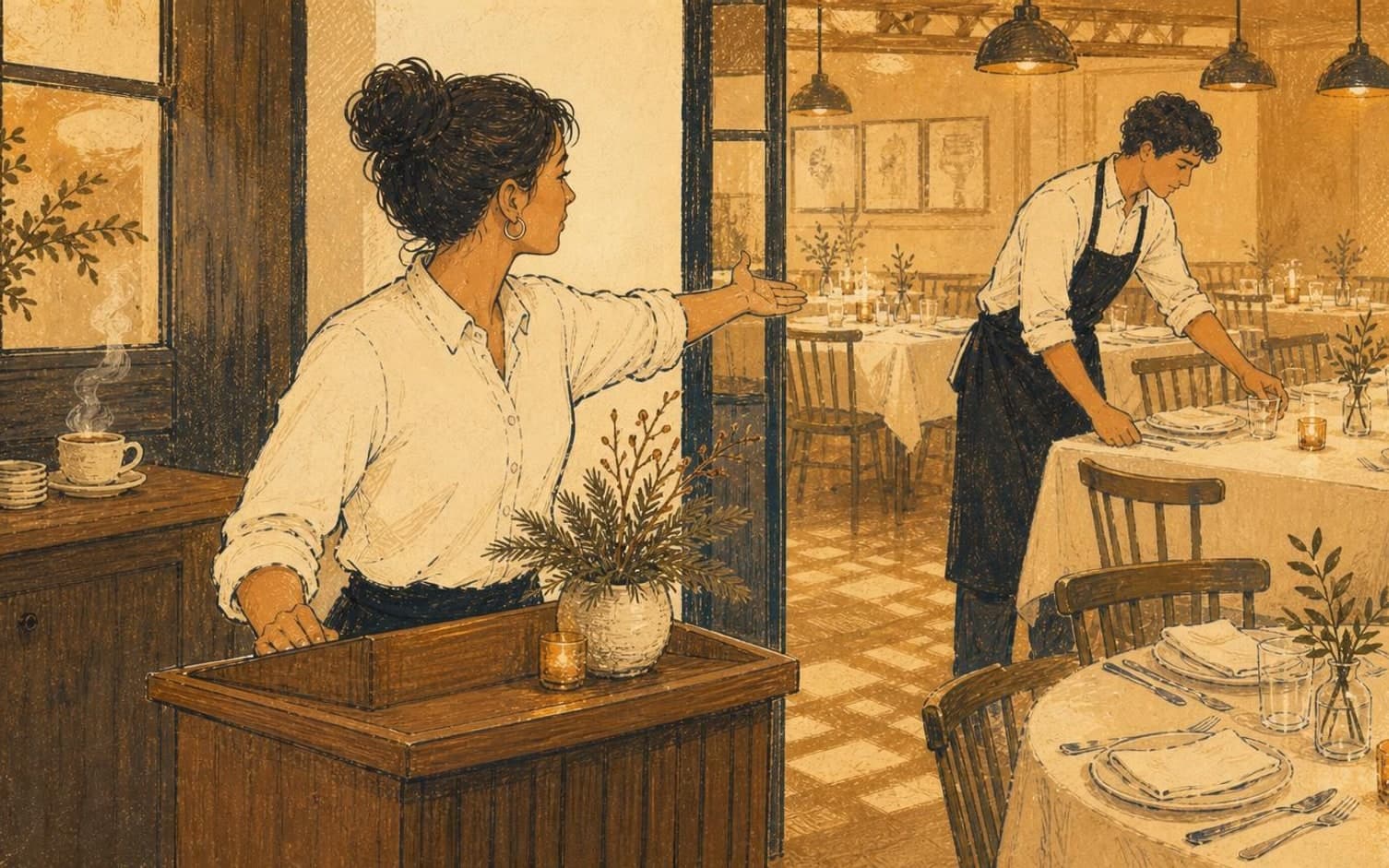 A hostess at a reception stand gestures guests into a warmly lit restaurant while a waiter sets tables for the holiday season.
