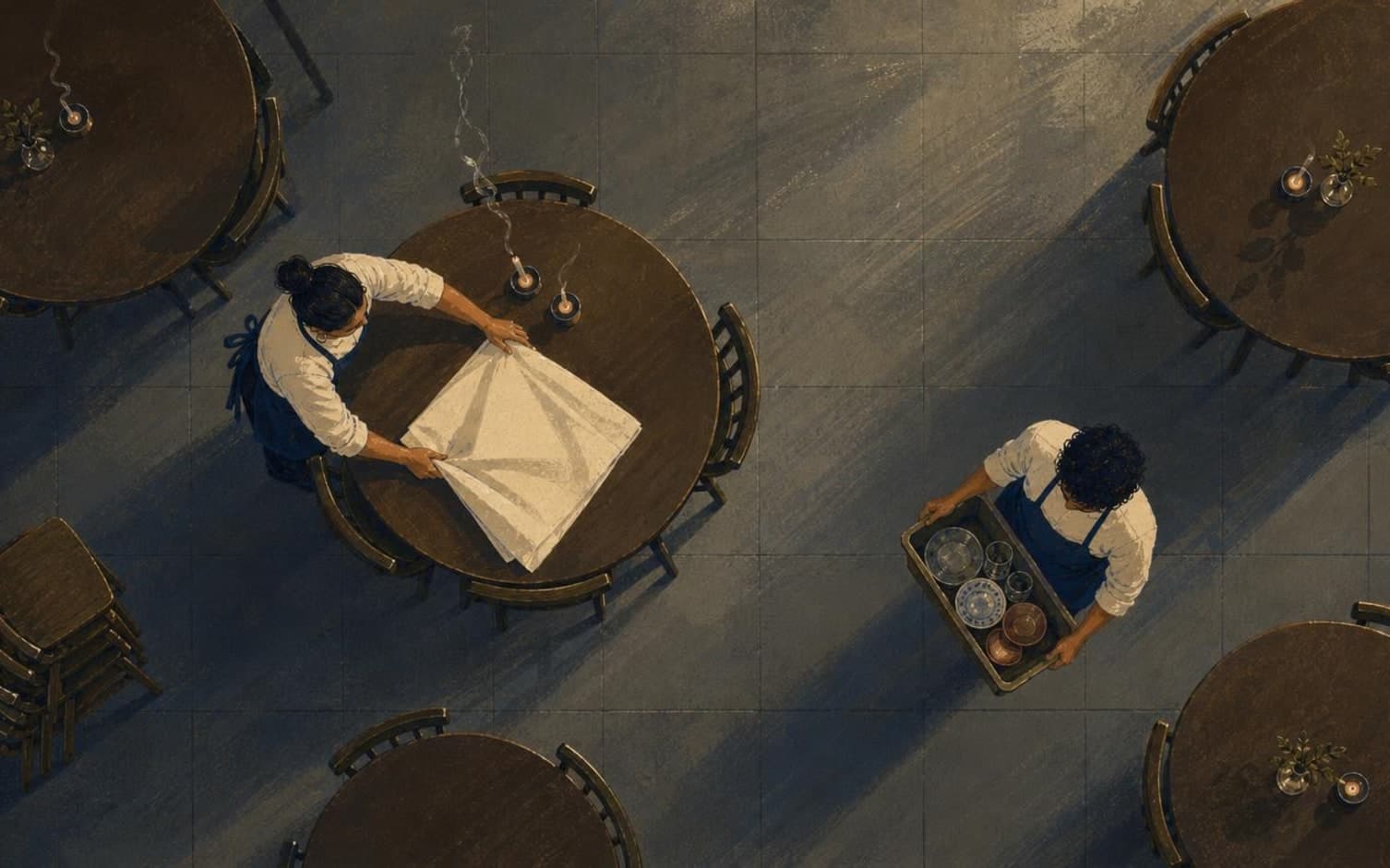 Overhead illustration of two servers closing a restaurant, one laying a tablecloth on a candlelit table, another carrying a crate of dishes