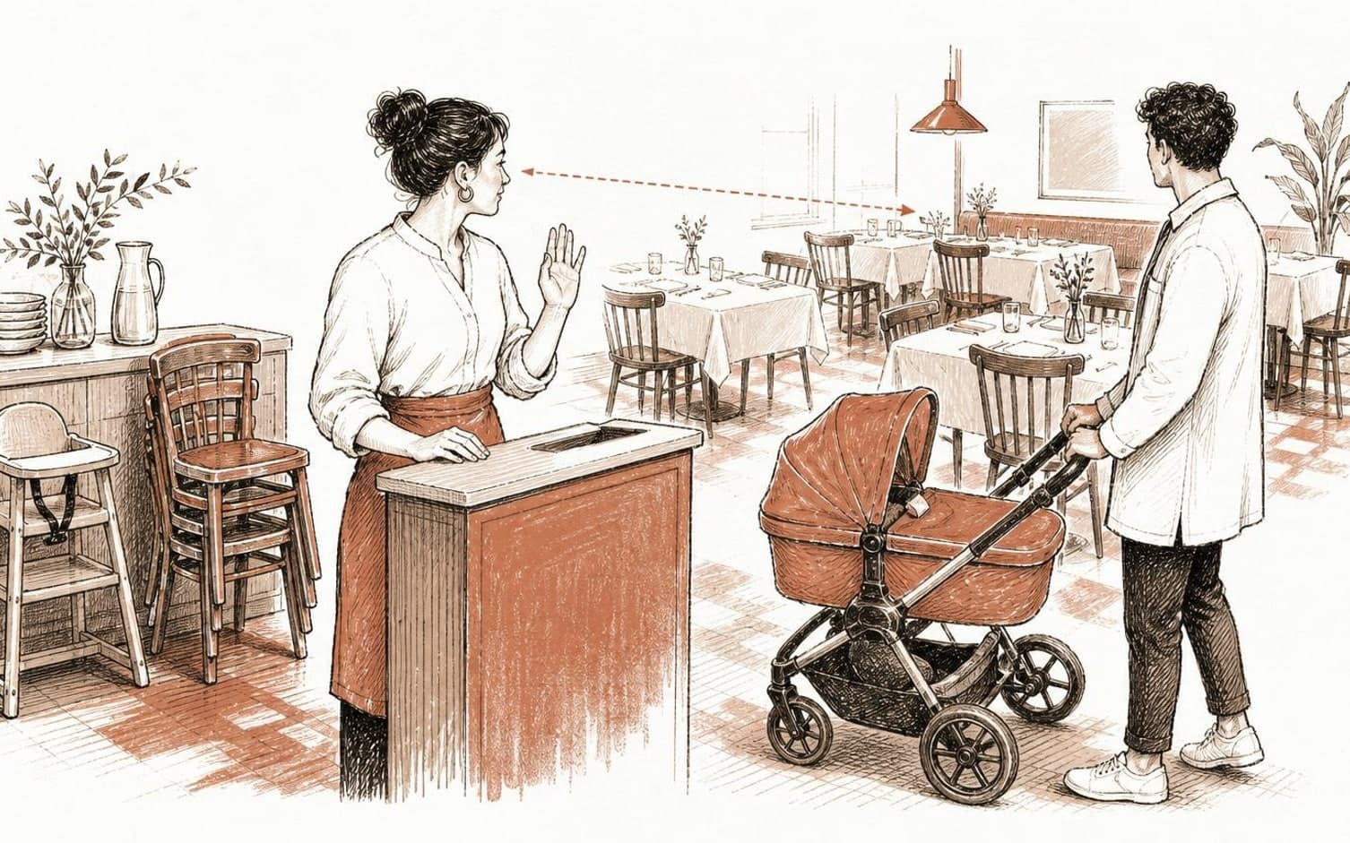 A hostess at a reception stand gestures toward the dining tables while a man with a pram waits, in a sketched restaurant scene