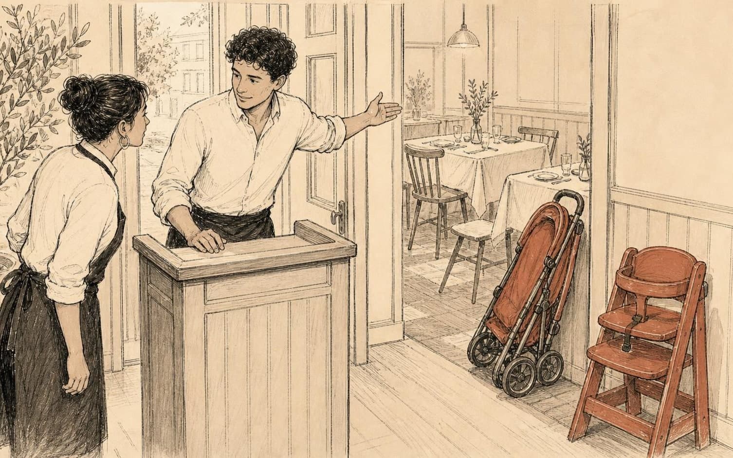 En maître d' gestikulerer mod en kollega ved receptionen, mens en sammenklappet klapvogn og en høj barnestol står klar ved siden af dækkede borde i restauranten.