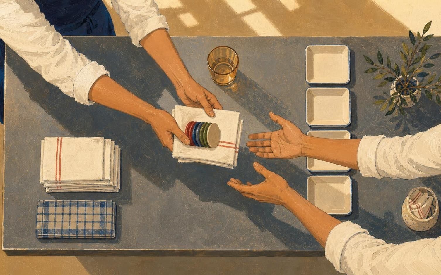 Illustration ovanifrån av två par händer som lämnar över staplade brickor på en trasa vid ett bord med vikta servetter och tomma tråg, som symboliserar ett skiftbyte.