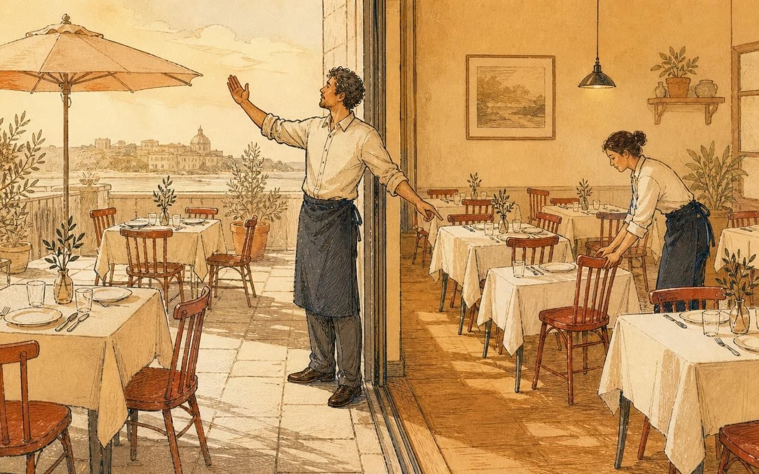 En tjener tjekker himlen fra en åben terrassedør, mens en kollega dækker borde indendørs på en solrig restaurant