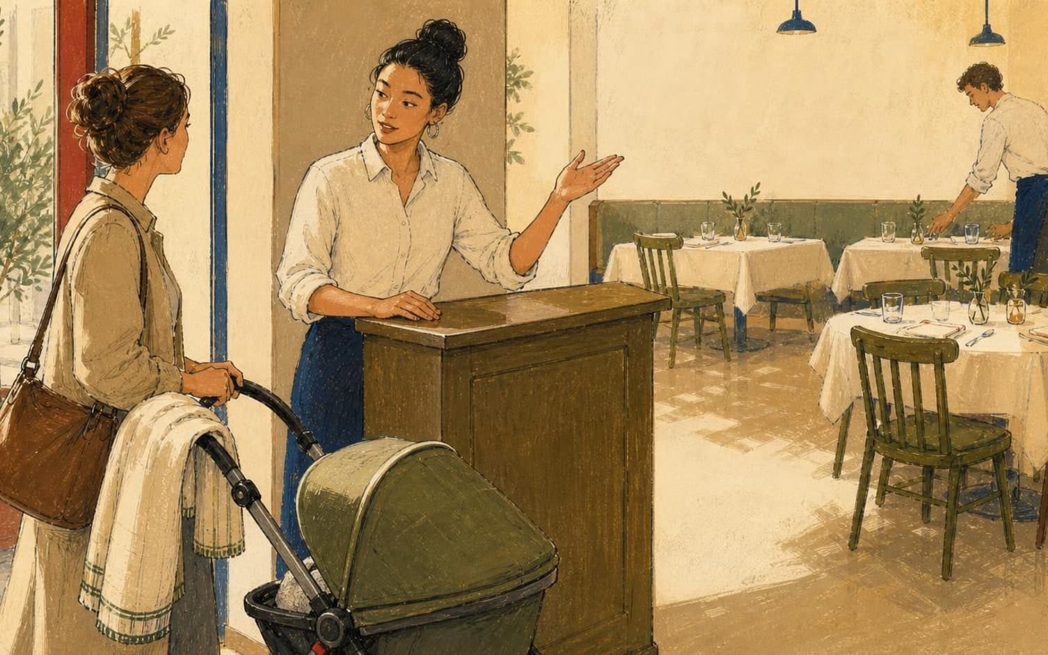A hostess at the reception podium greets a guest with a stroller, while a waiter sets tables in the dining room behind them.