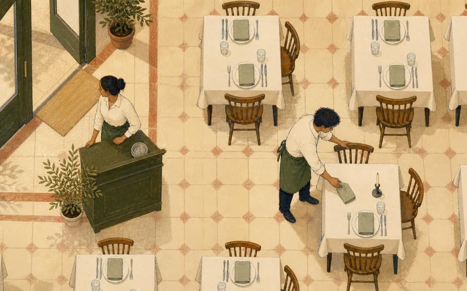 Illustration set fra fugleperspektiv af to tjenere, der dækker borde med hvide duge før service i en restaurant med terrakottagulv