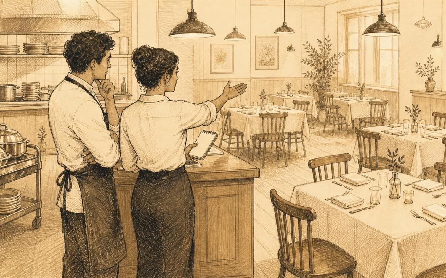 To restaurantansatte i forklær planlegger bordoppsett i en innredet spisesal med dekkede bord