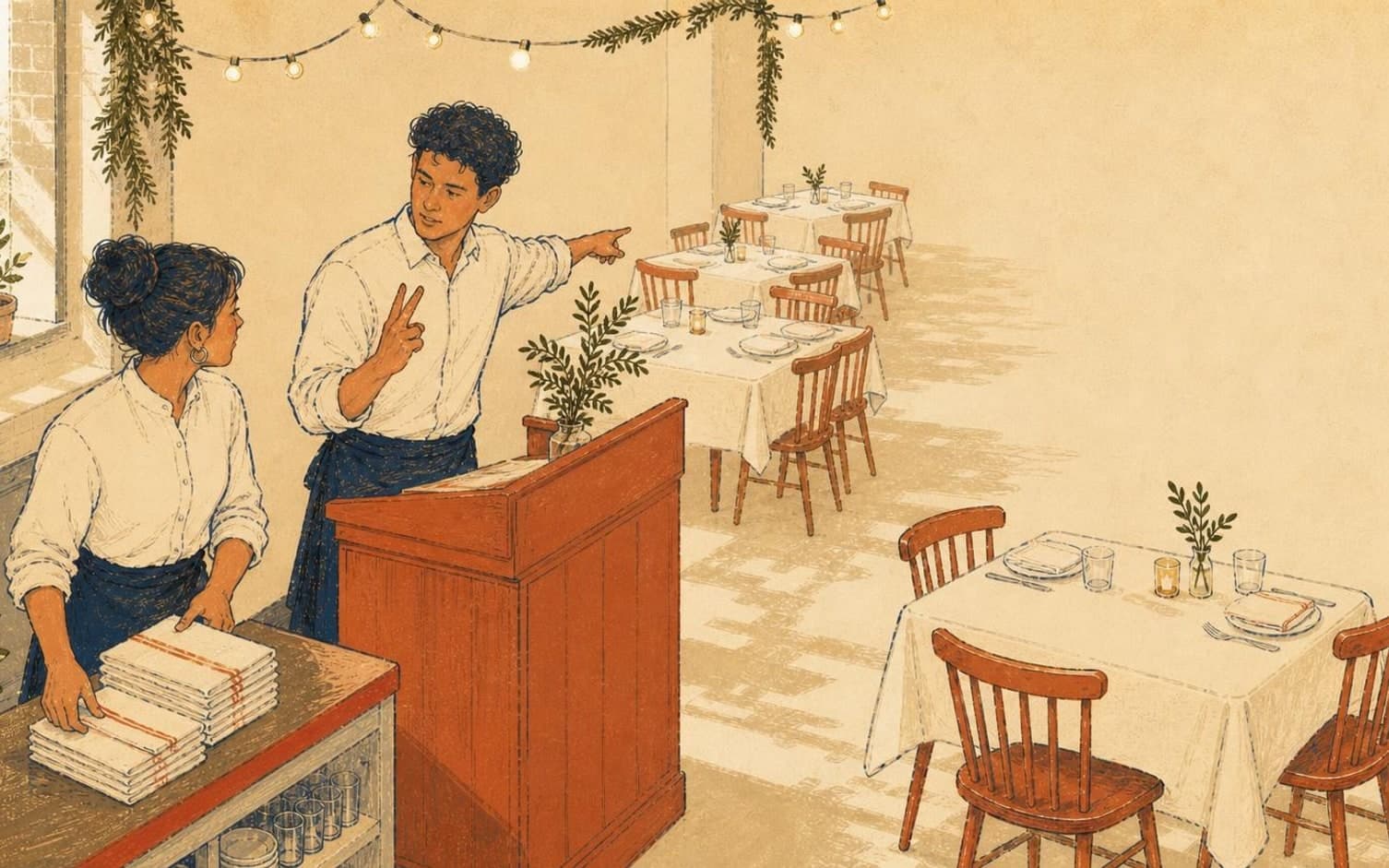 An illustrated waiter points and holds up two fingers to a colleague at a host stand, with set tables ready in the dining room behind.