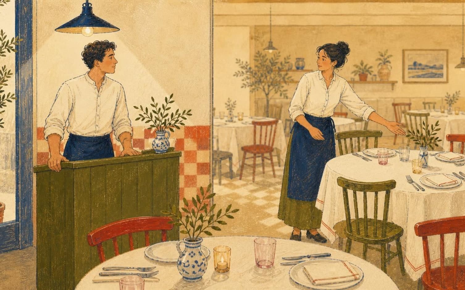 Illustration af en vært ved podiet og en tjener, der viser vejen til et ledigt bord i en varm, rustik restaurant