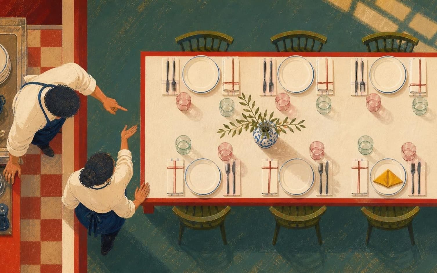 Illustration ovanifrån av två servitörer som dukar ett långbord med tallrikar, glas och servetter