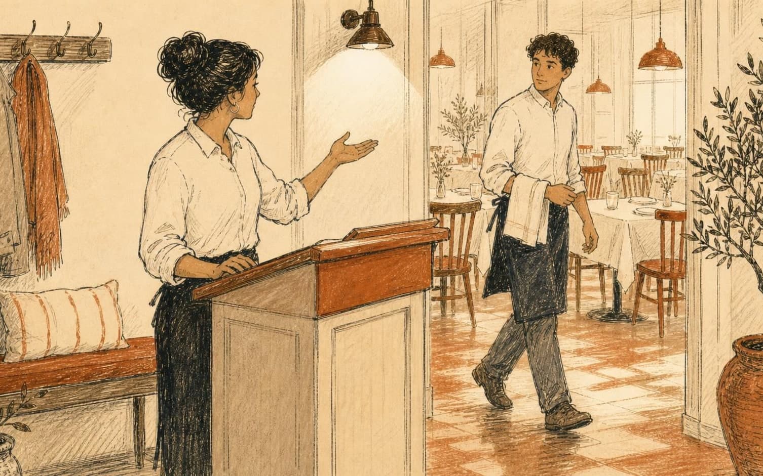 En hostess ved en resepsjonspult gestikulerer mens en servitør med håndkle over armen går inn i restaurantsalen