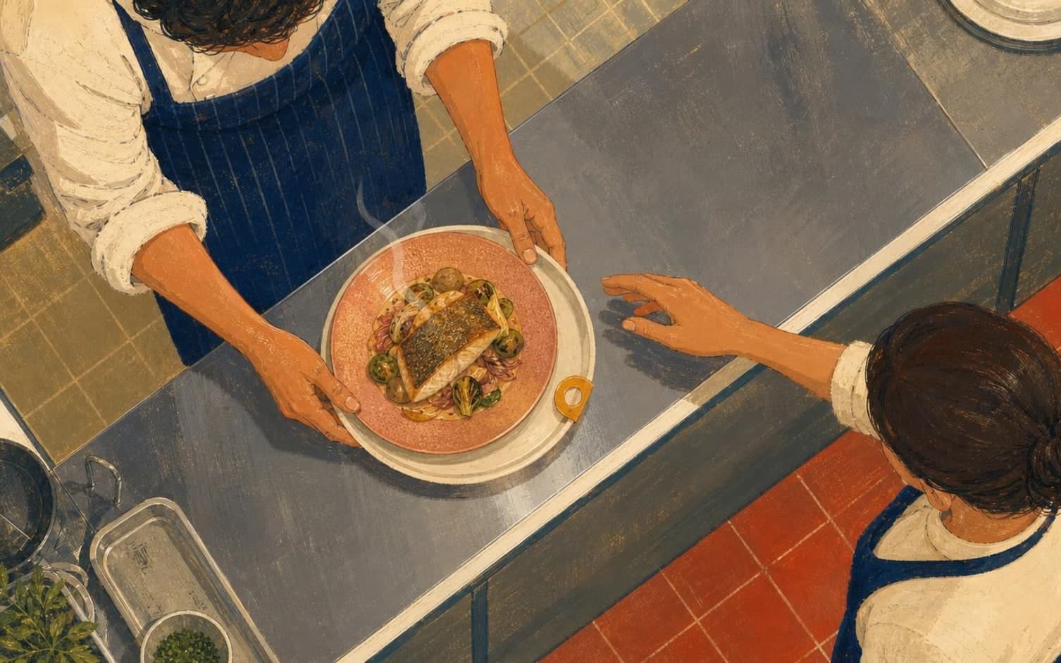 Illustration of a chef sliding a plate of pan-seared fish across a kitchen pass to a waiting server