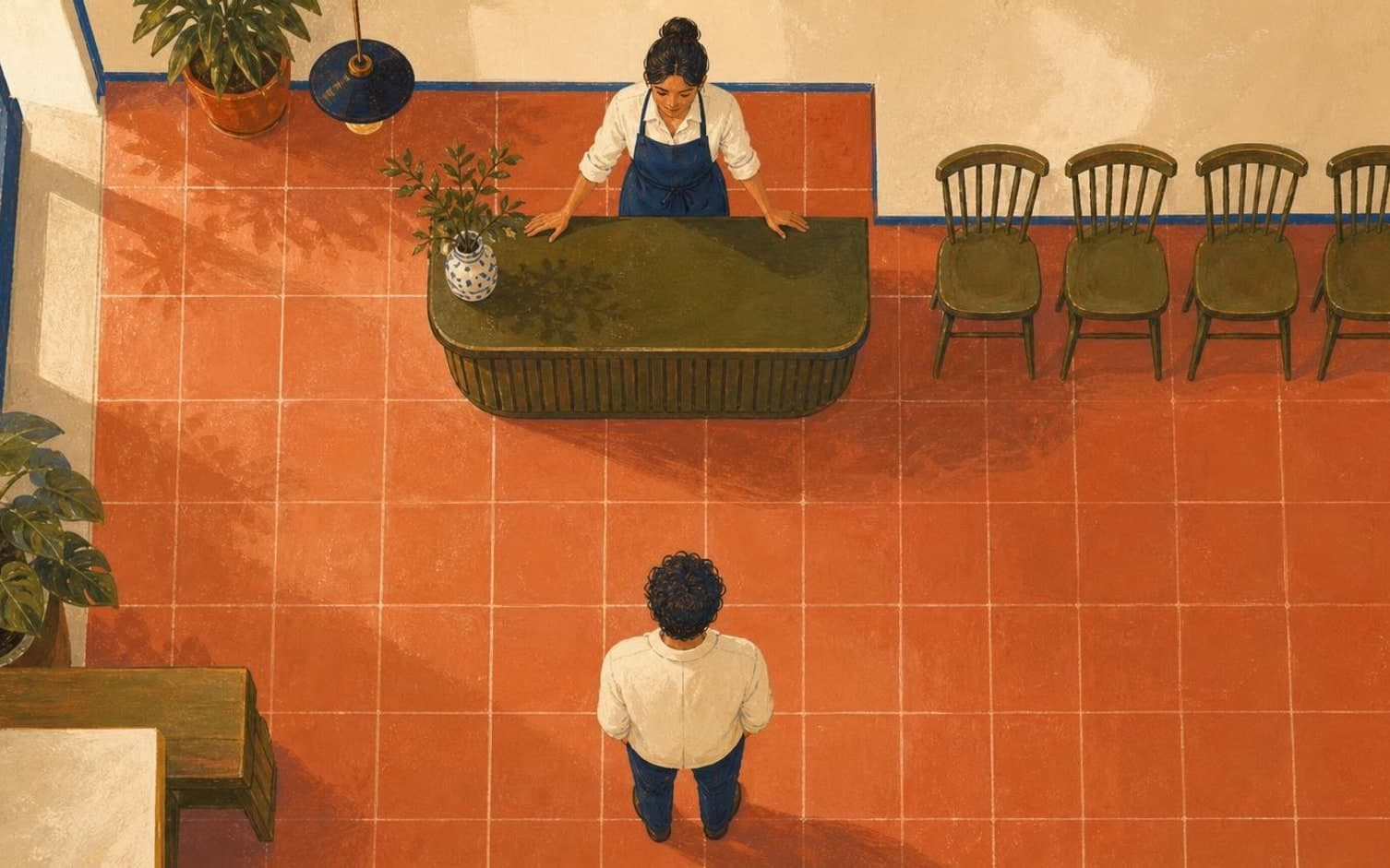 Illustration ovanifrån av en värdinna bakom en receptionsdisk som ser ner på en väntande gäst på ett terrakottakaklat golv