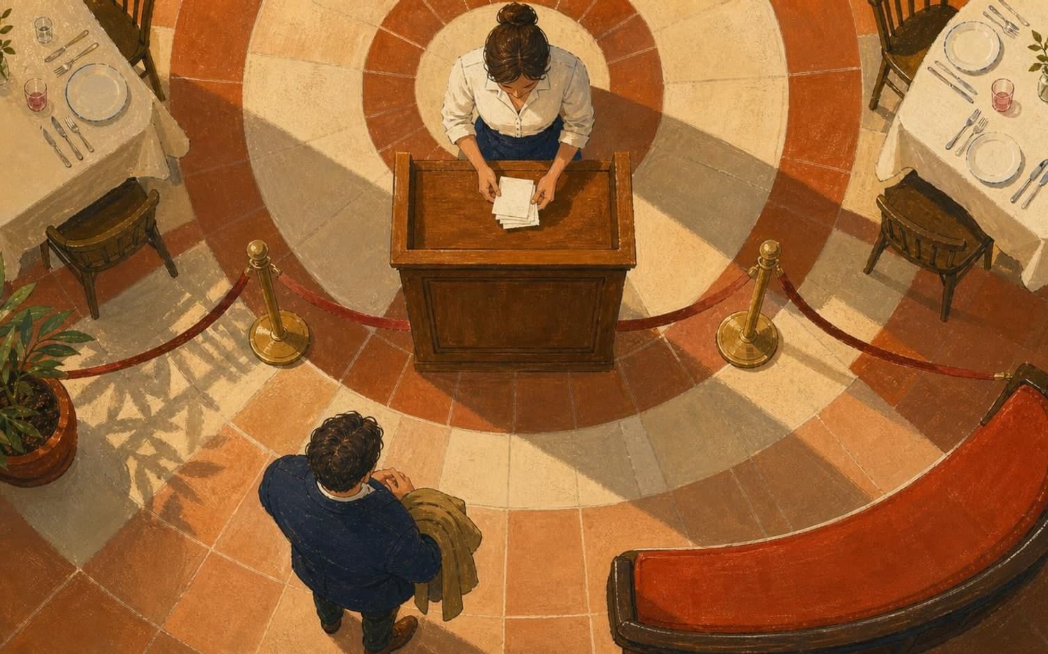 Viewed from above, a hostess stands at a podium with reservation cards while a guest waits behind a red rope at the restaurant entrance