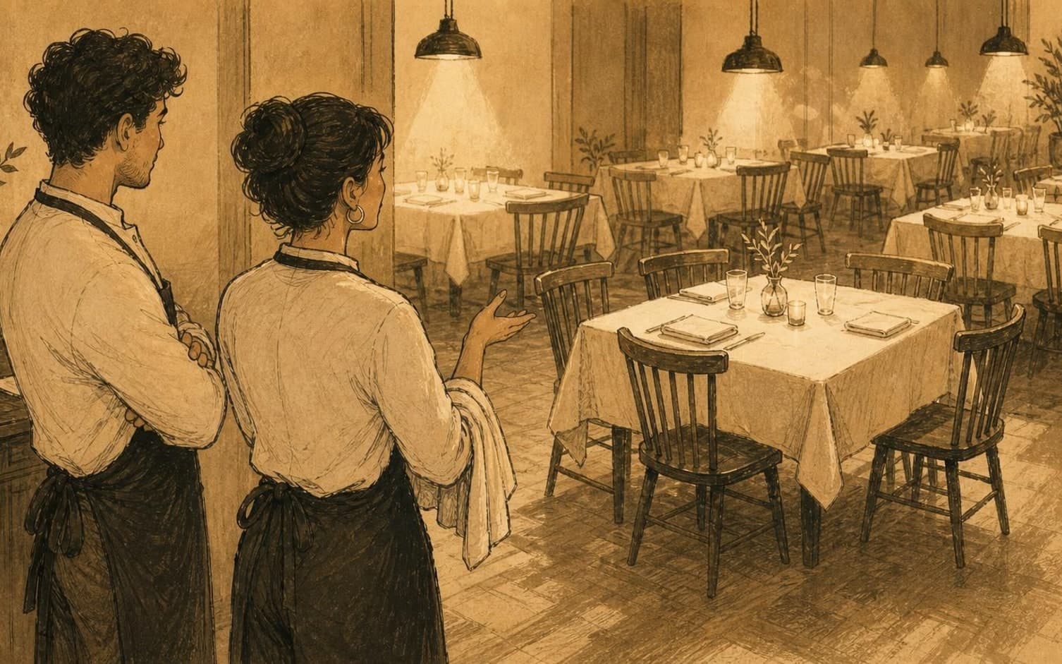 Två servitörer i förkläden blickar ut över en tom, dukad matsal under hängande lampor