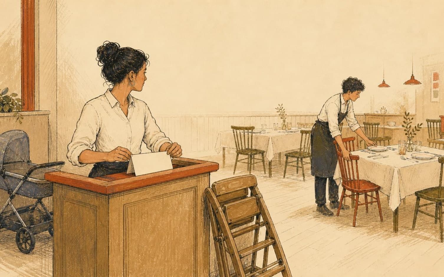 En hostess ved en resepsjonspult holder et blankt kort mens en kollega dekker et bord og en høy barnestol står klar i en varmt tegnet restaurant