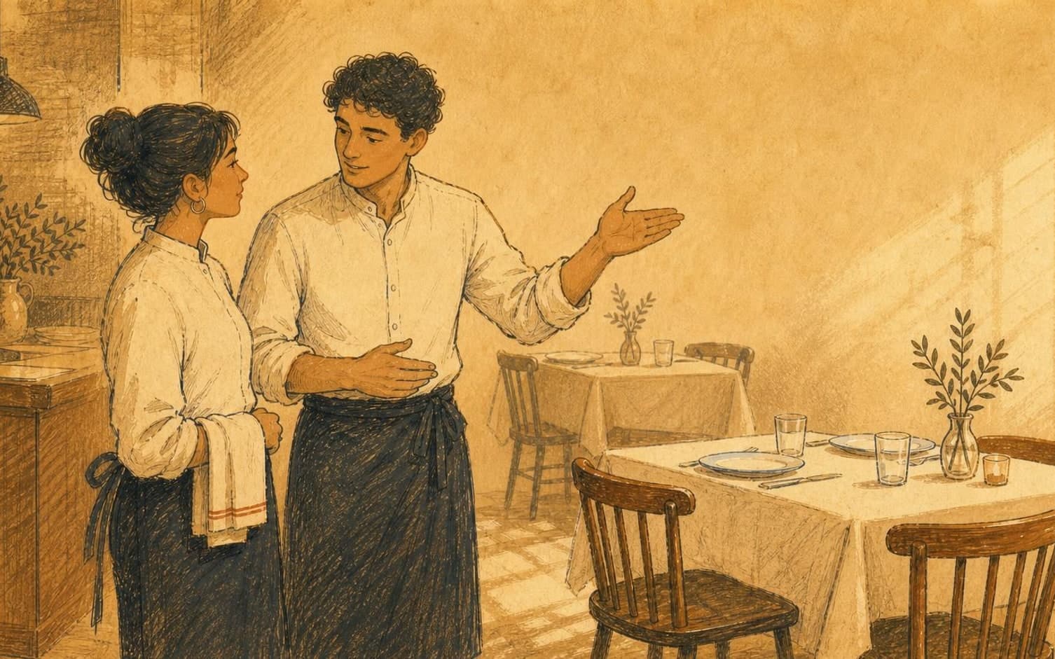 Två servitörer i vita skjortor och förkläden samtalar i en restaurang medan en gestikulerar mot dukade bord