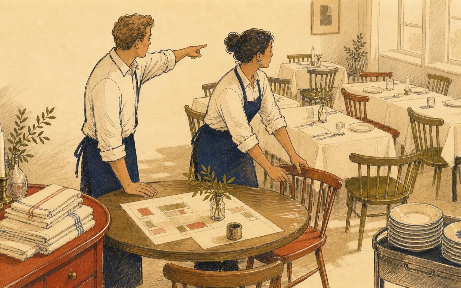 Two servers in blue aprons study a seating chart while preparing a restaurant dining room with set tables for holiday bookings