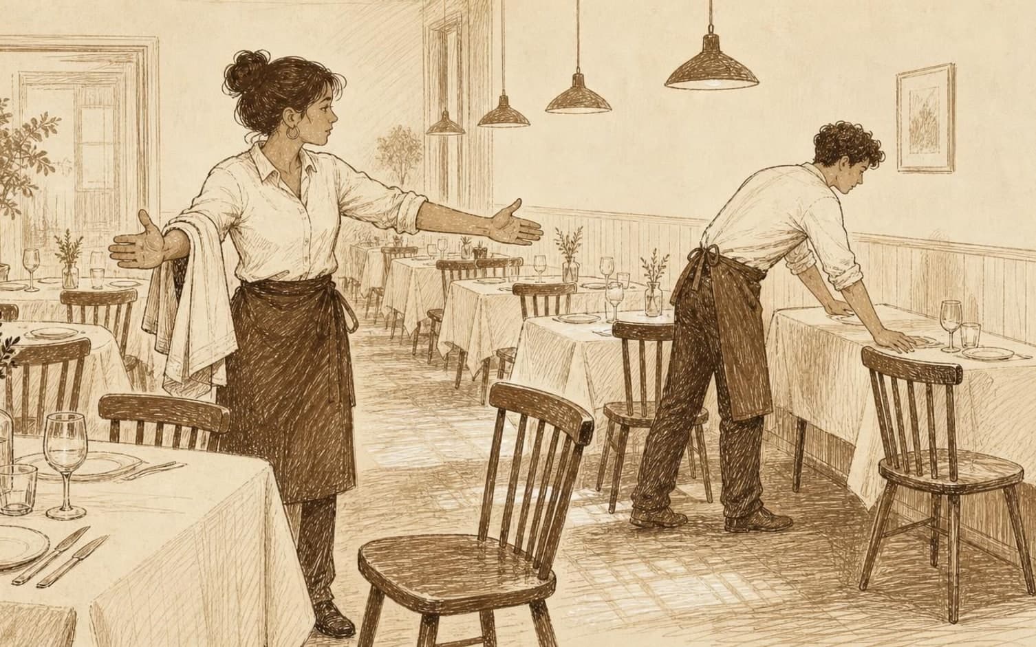 En sepiafärgad skiss av två servitörer som förbereder en matsal med dukade bord, en kvinna gestikulerar medan en man torkar av ett bord