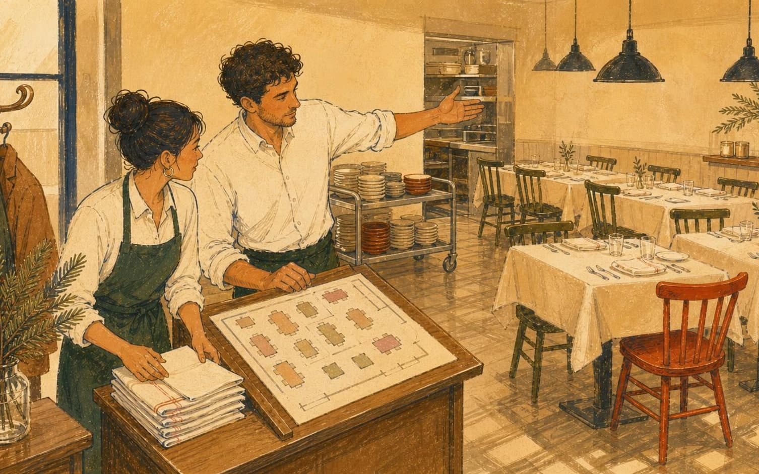 To restaurantansatte studerer en bordplan ved en stasjon mens en dekket spisesal og en tralle med tallerkener står i bakgrunnen