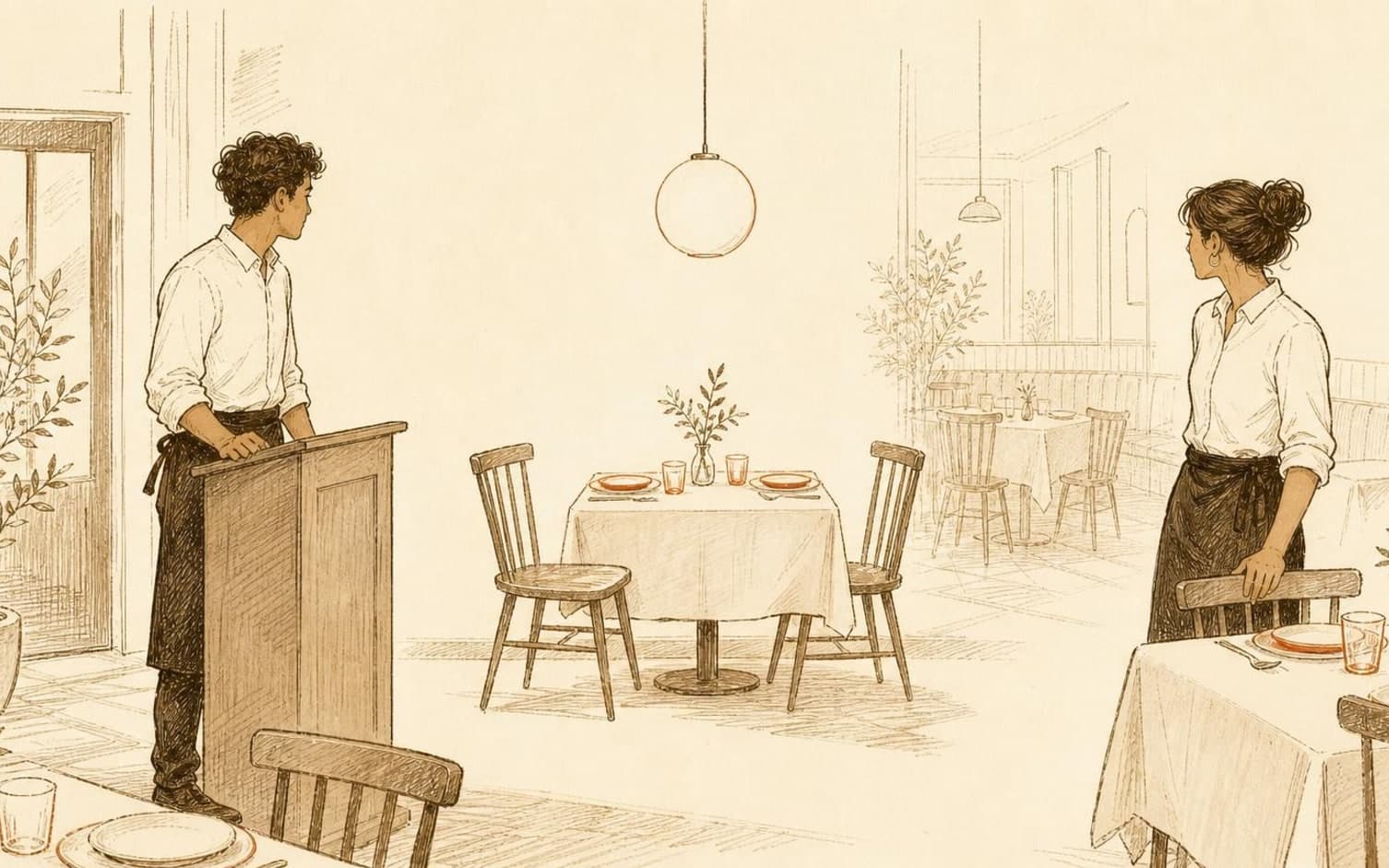 En servitør ved en resepsjonspult ser mot en kollega som venter ved et tomt, dekket bord i en varmt tonet restaurant.