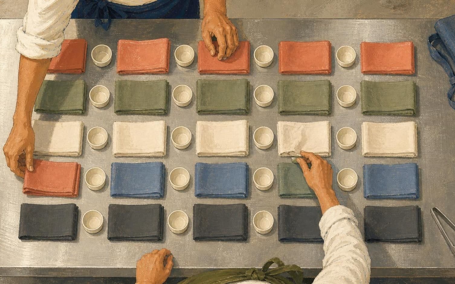 Overhead painted scene of hands arranging colored napkins into five fixed columns on a metal table, with small bowls placed between each column.