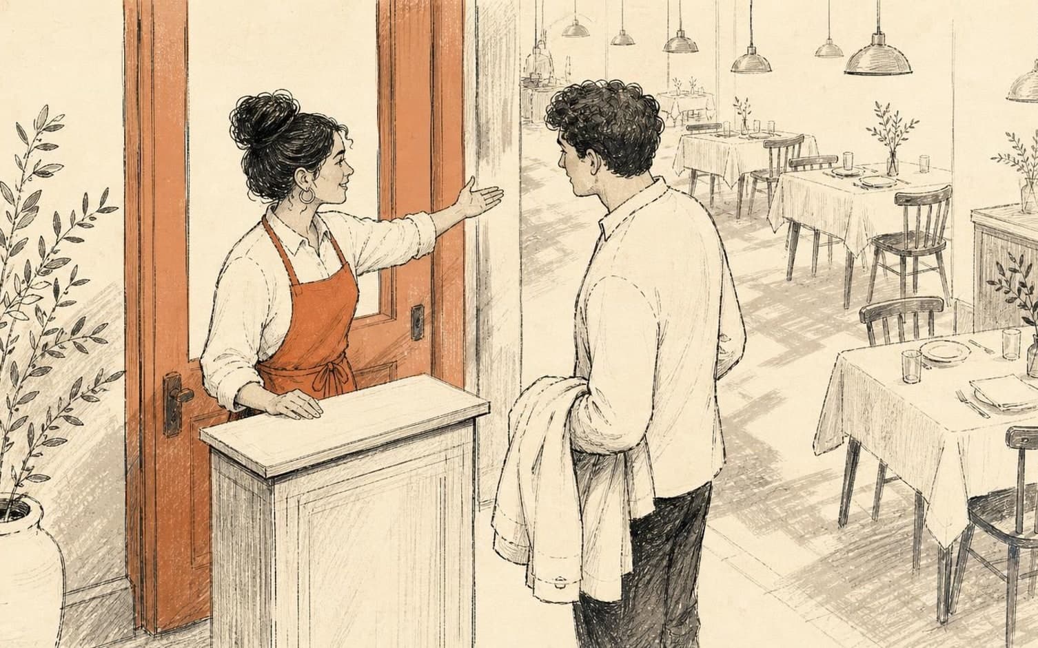 En hostess ved en resepsjonspult gestikulerer innbydende mot en gjest ved inngangen til en pyntet restaurant