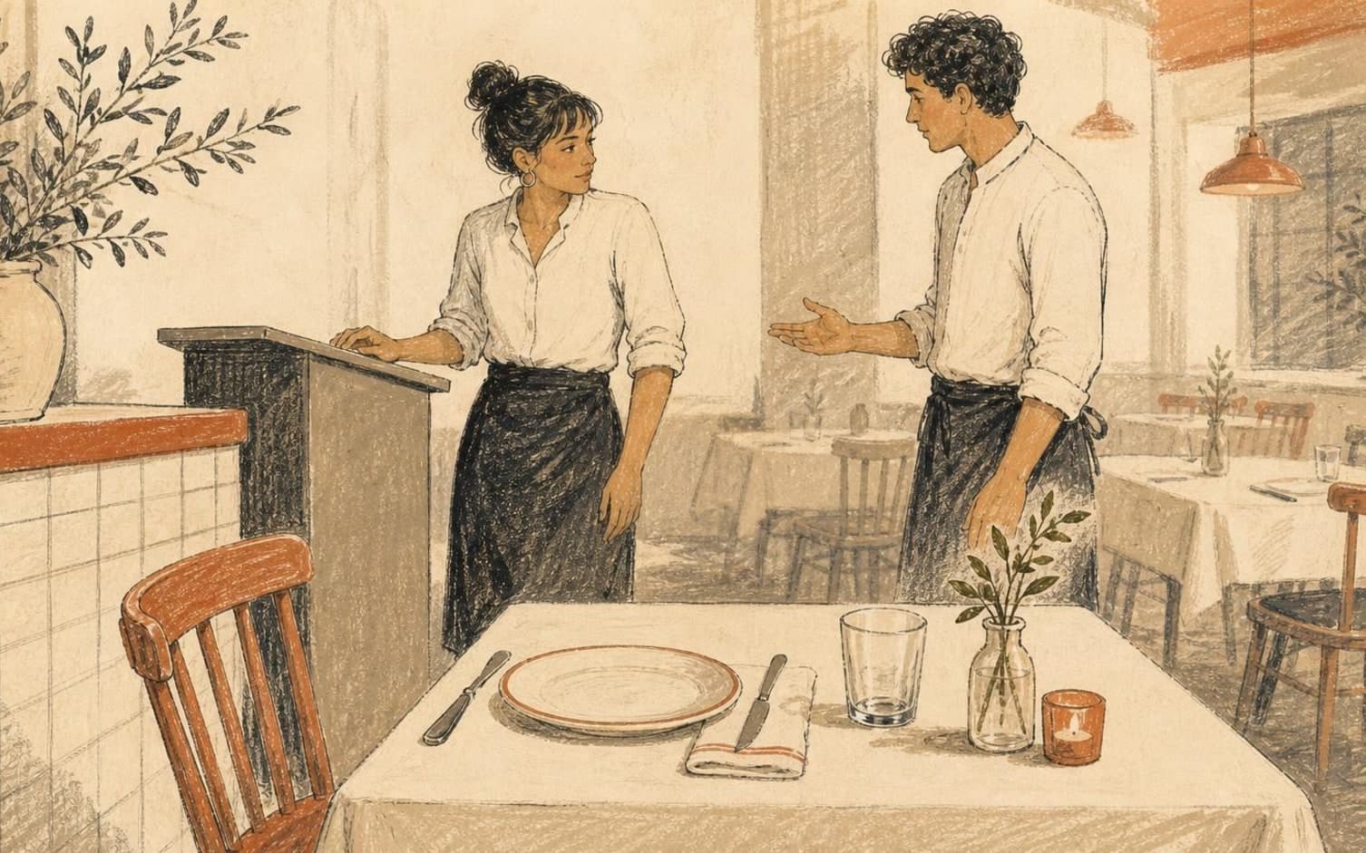 To tjenere i hvide skjorter og sorte forklæder taler ved en receptionspult i en tom restaurant, med et dækket bord med tallerken, glas og lys i forgrunden.