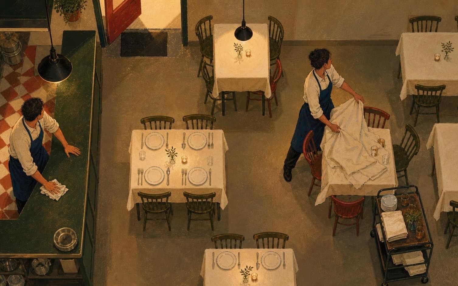 Illustrasjon sett fra fugleperspektiv av en restaurant hvor en servitør legger duk på et bord og en bartender tørker av disken etter stengetid