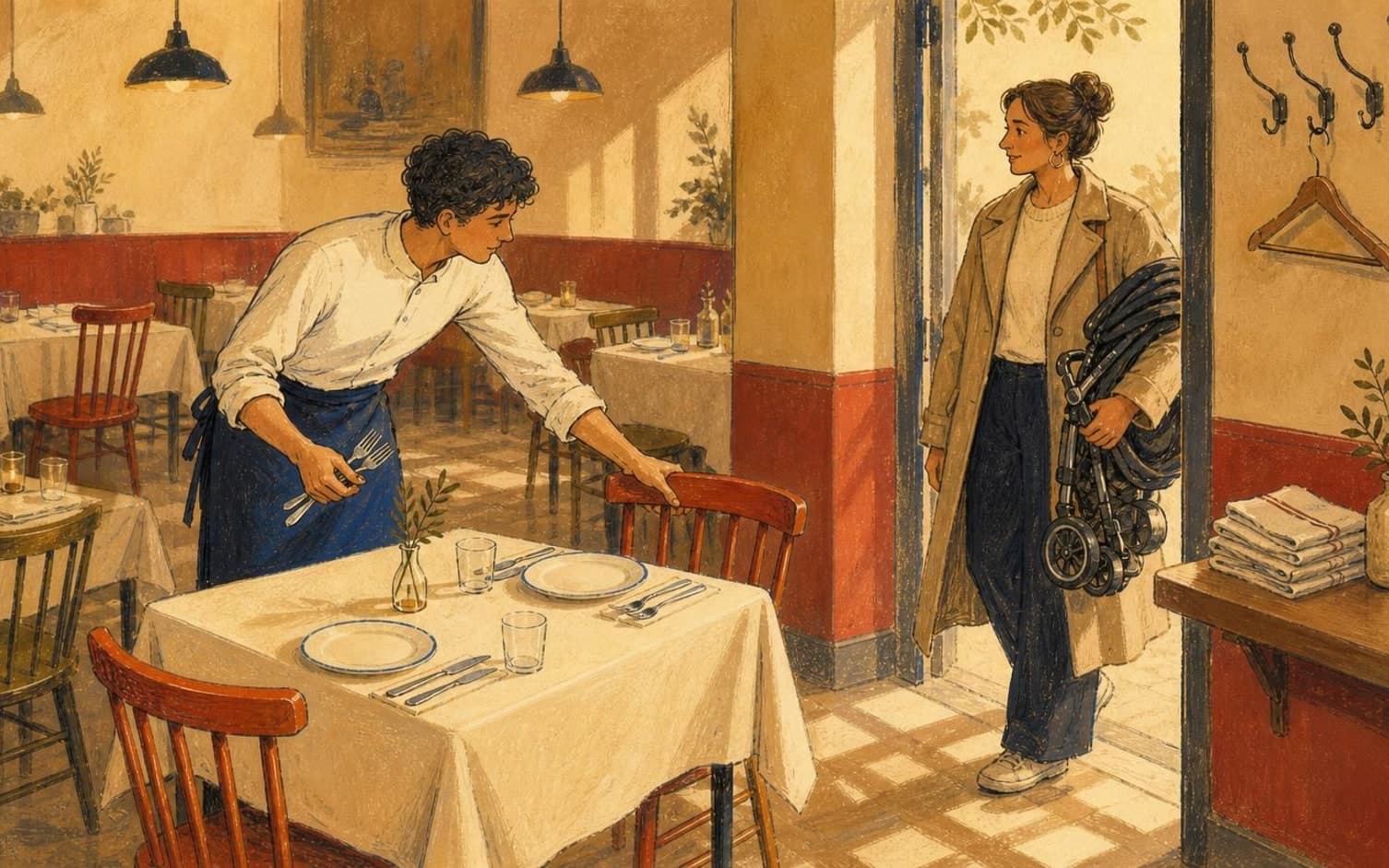 En servitør dekker et bord mens en gjest med barnevogn ankommer inngangen til en varm, illustrert restaurant.