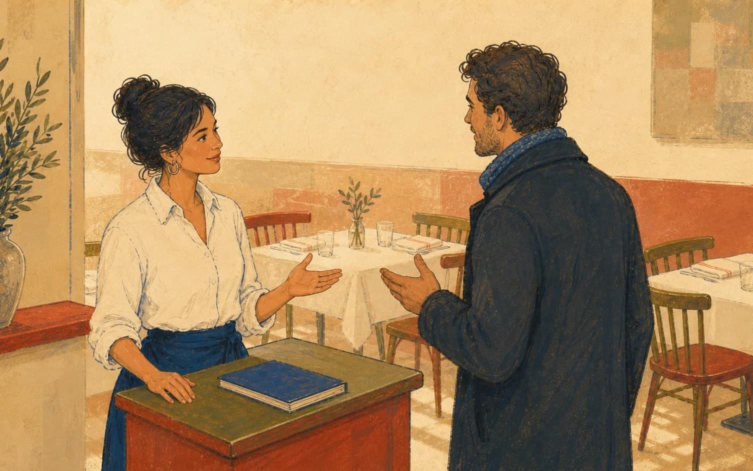 En hostess ved en reservasjonspult gestikulerer mens hun snakker med en gjest i kappe i en varmt tonet restaurant med dekkede bord