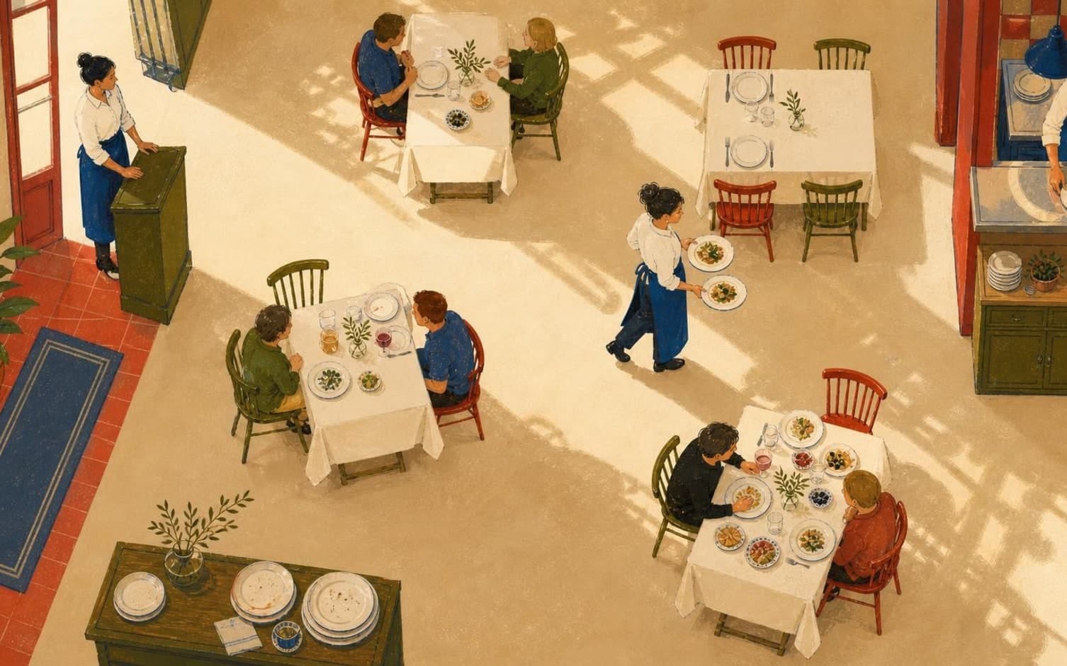Fugleperspektiv-illustration af en restaurant, hvor tjenere betjener flere dækkede borde med gæster