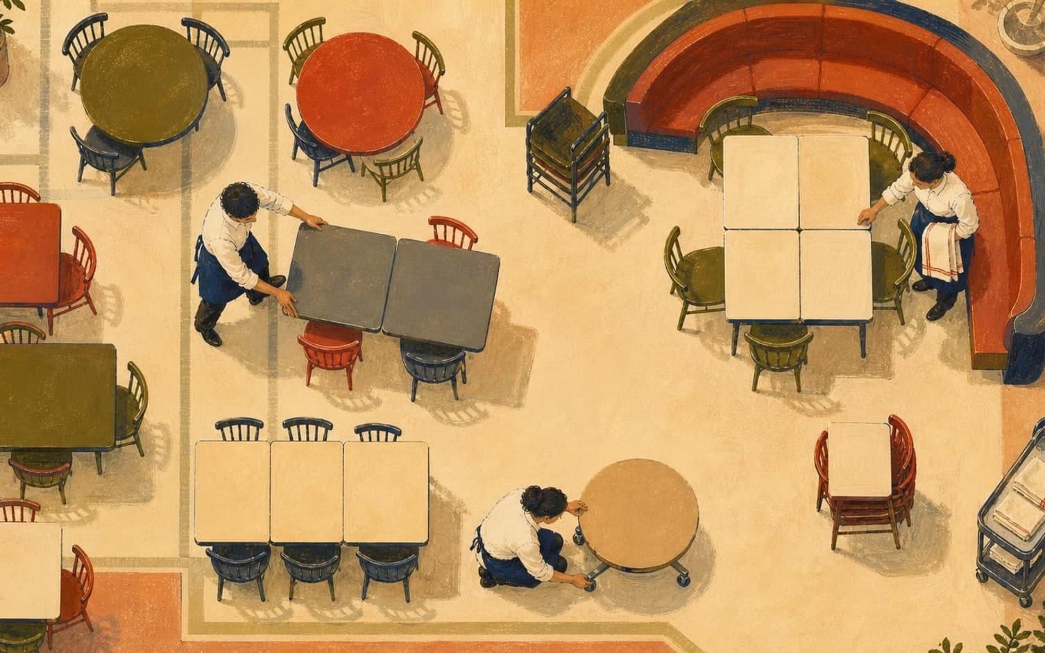 Illustration ovanifrån av servitörer som flyttar och arrangerar bord och stolar i en restaurang för att förbereda sittplatser