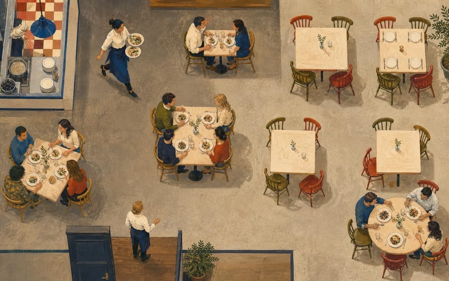 Illustrasjon fra fugleperspektiv av en restaurant med servitører som bærer tallerkener mellom fylte bord og tomme bord klare for nye gjester