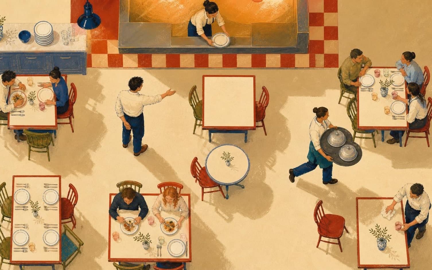 Fugleperspektiv af en restaurant med tjenere, der dækker borde og serverer gæster ved flere borde.