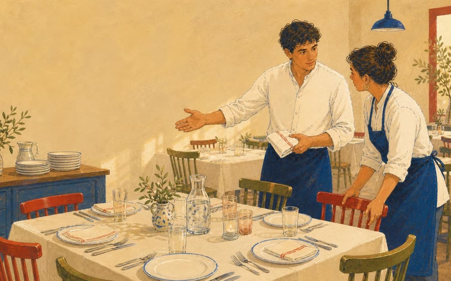Illustration av två servitörer i blå förkläden som förbereder ett prydligt dukat restaurangbord med ljus och karaffer innan gäster anländer