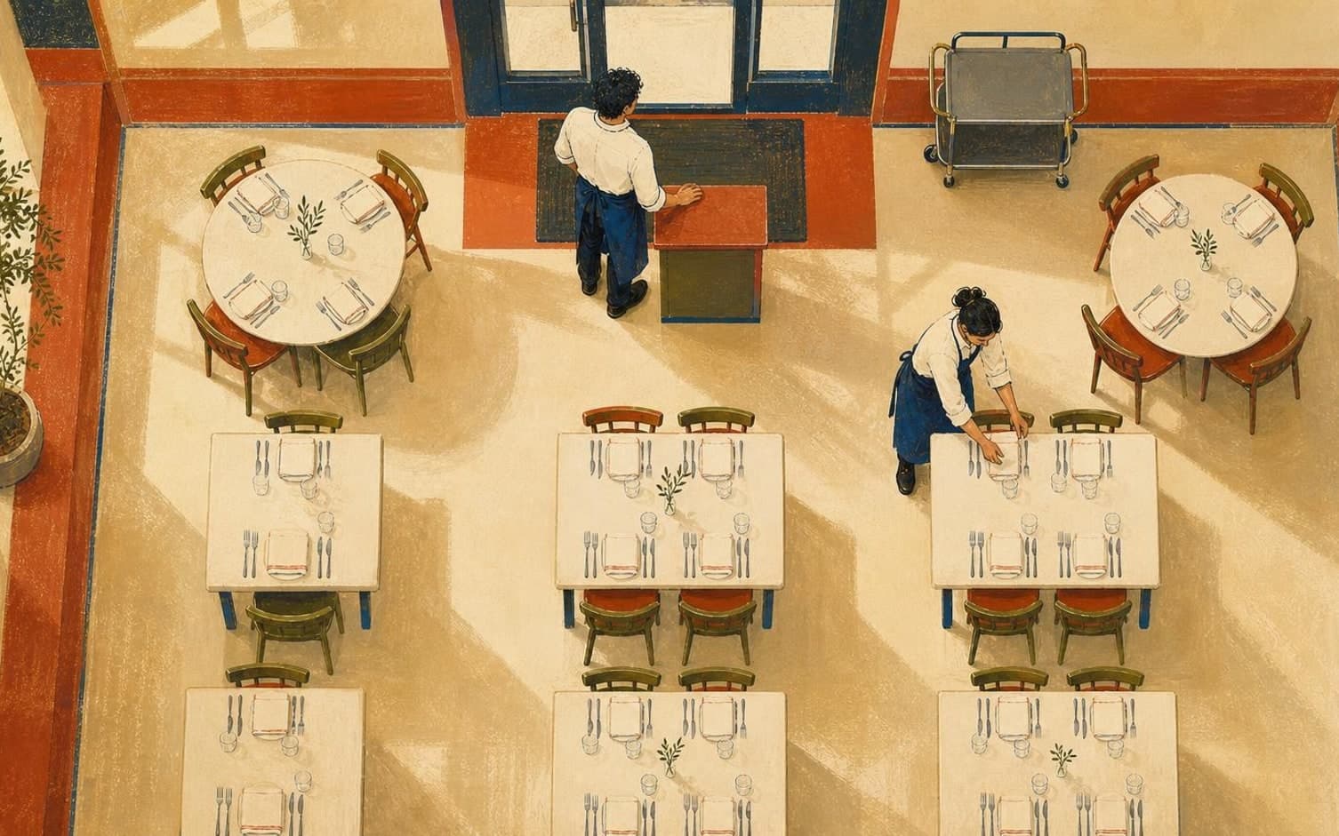 Illustration set fra oven af to tjenere, der dækker borde i en restaurant før service