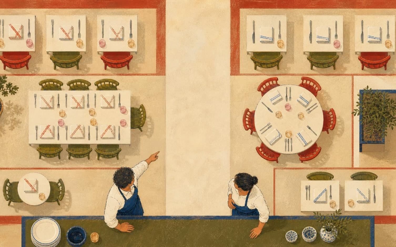 Bird's-eye illustration of two servers at a bar counter handing over shift notes about the set tables in a restaurant