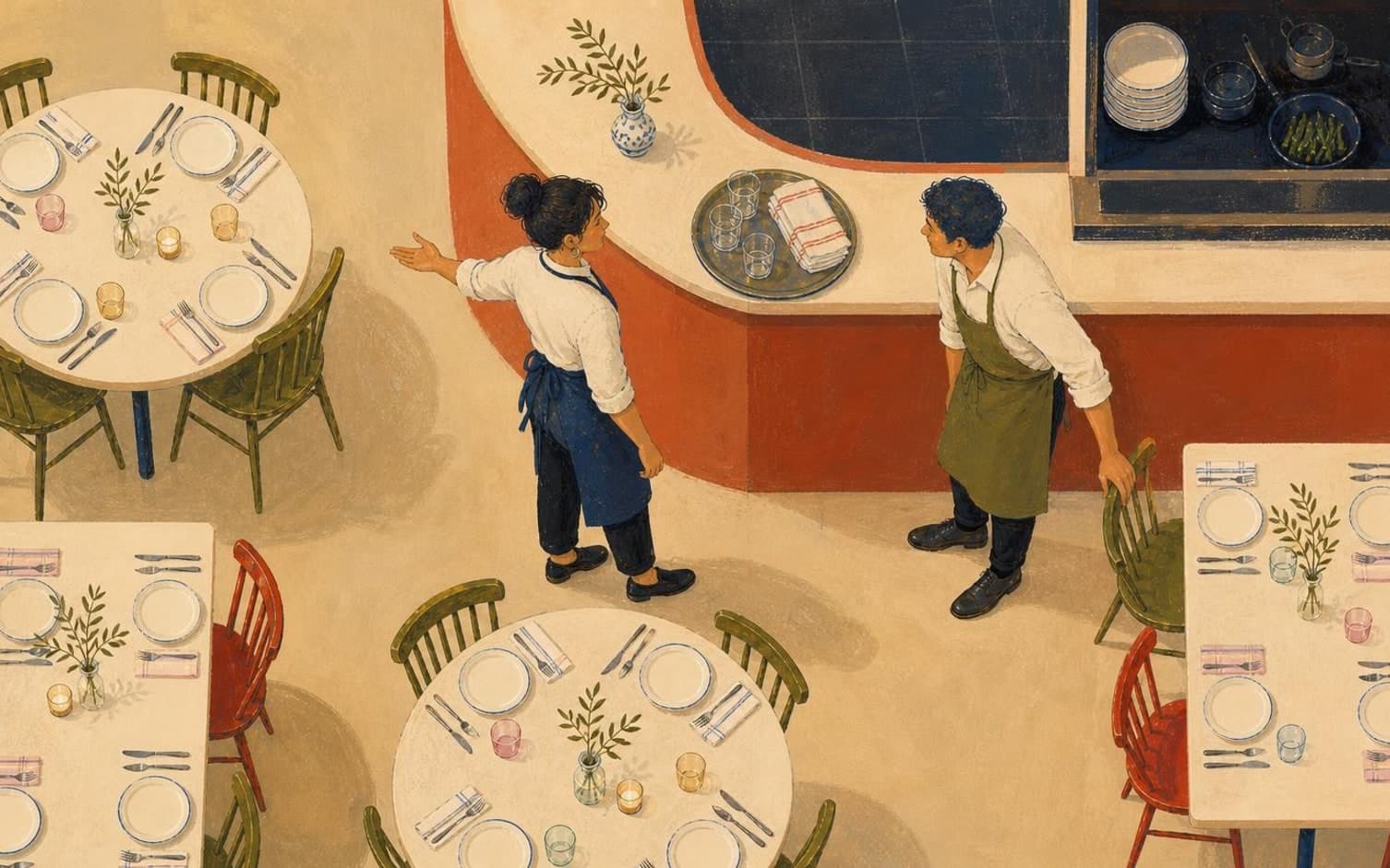 Bird's-eye illustration of two aproned servers communicating near a service counter in a restaurant surrounded by set round tables