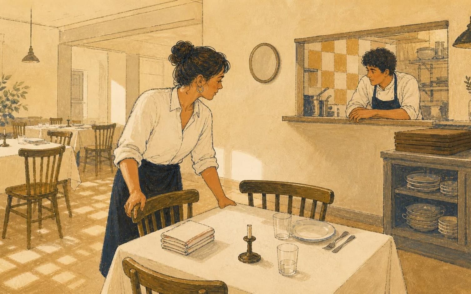 En tjener dækker et bord, mens en kok læner sig mod køkkenvinduet i en varmt tonet restaurant mellem serveringer
