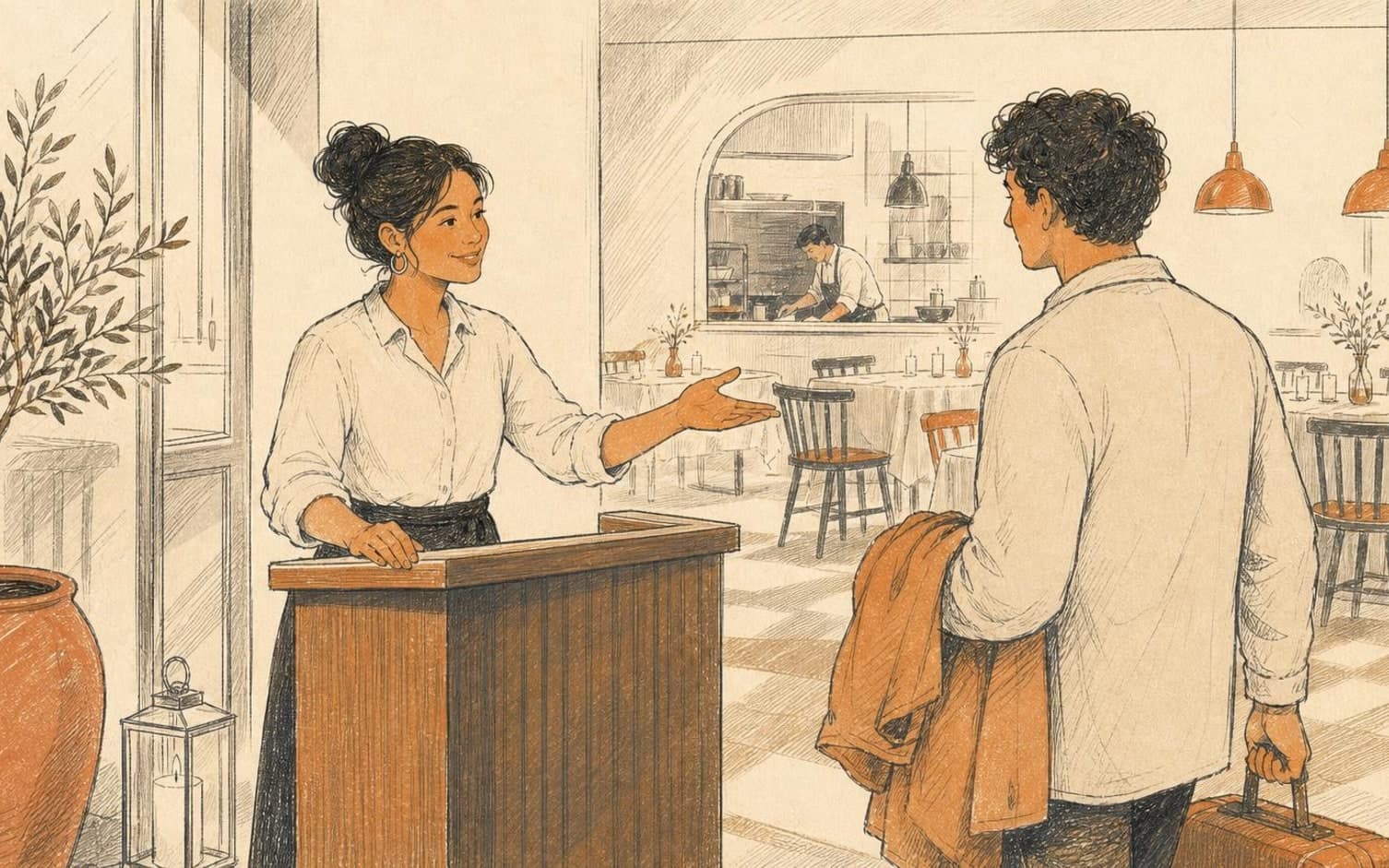 En värdinna gestikulerar vänligt mot en gäst som just anlänt till restaurangen, med ett kök och dukade bord synliga i bakgrunden
