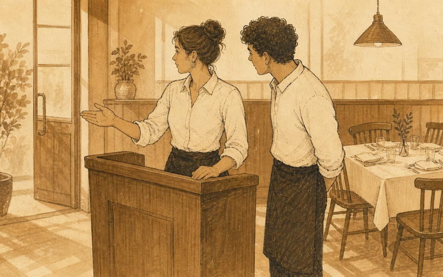 A hostess at the reception podium gestures toward the entrance while briefing a colleague in a restaurant dining room