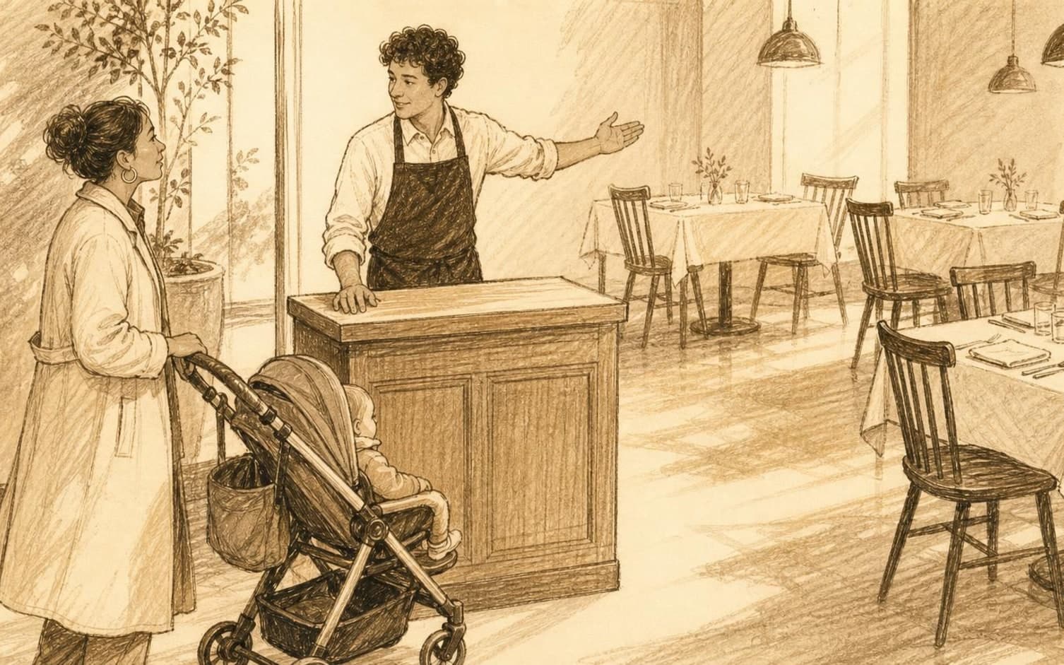 En vært gestikulerer mod bordene, mens en mor med barnevogn venter ved receptionen i en solbeskinnet restaurant, tegnet i sepia blyantstil
