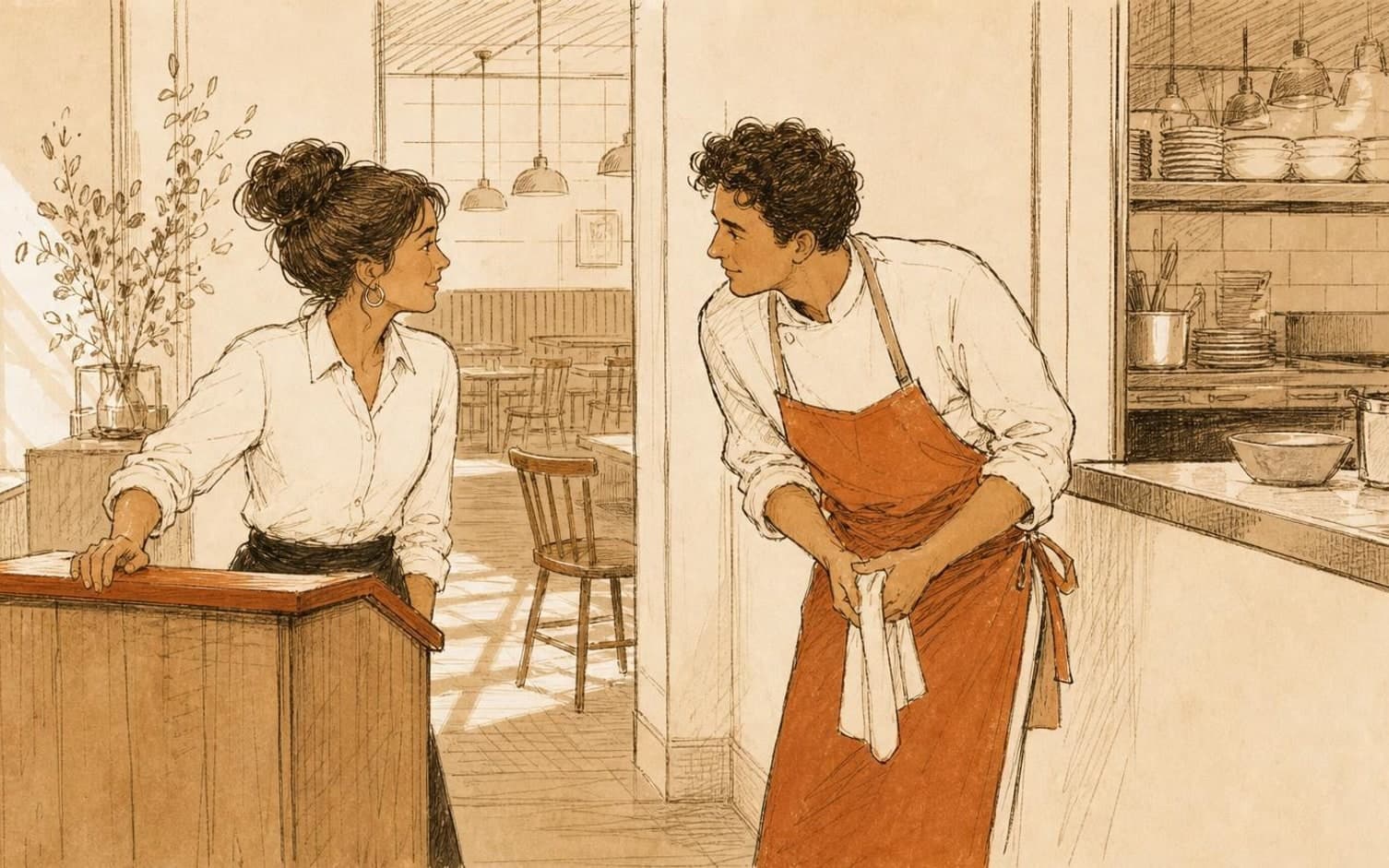 En hostess ved receptionen smiler til en kok i orange forklæde, som bøjer sig frem og tørrer hænderne på et køkkenhåndklæde, med restaurantlokalet og køkkenhylder synlige i baggrunden