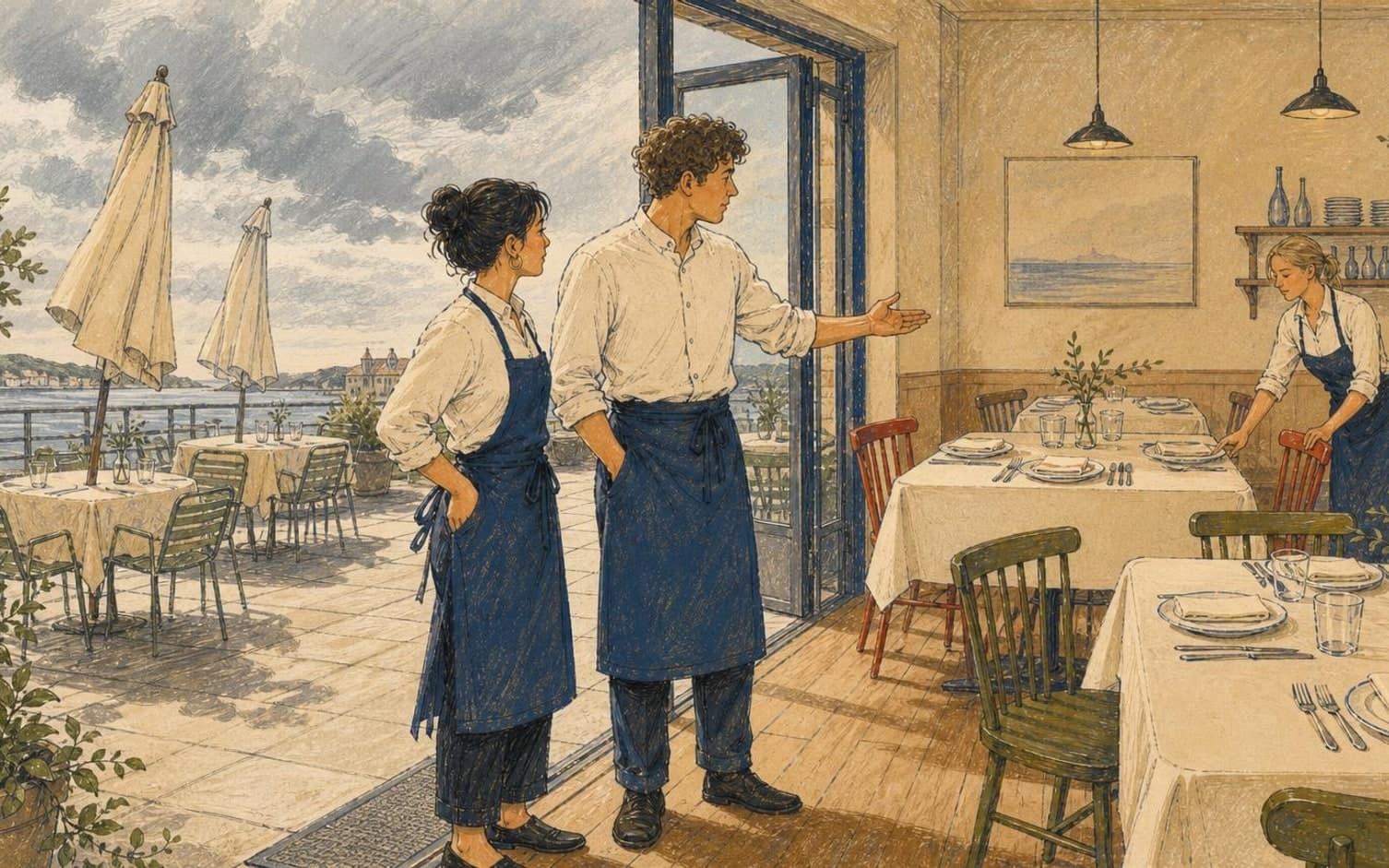 To tjenere i blå forklæder kigger bekymret ud på overskyet vejr over en udeservering, mens en kollega dækker borde indenfor