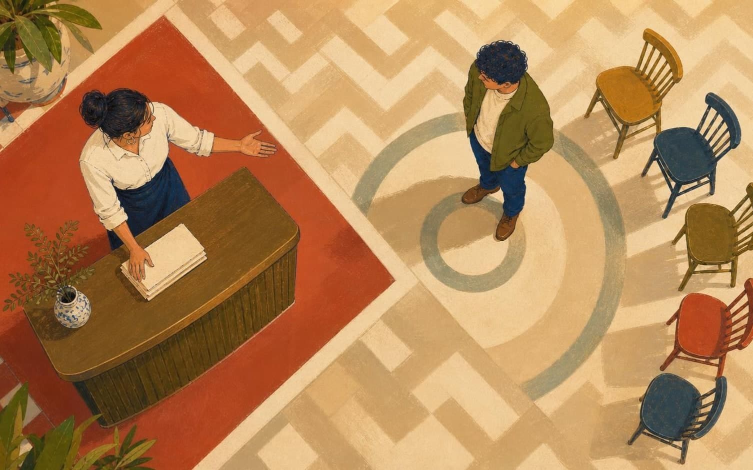 Illustration ovanifrån av en värdinna vid en receptionsdisk som gestikulerar mot en gäst som väntar på ett golv med cirkelmönster, med en rad färgglada stolar bredvid.