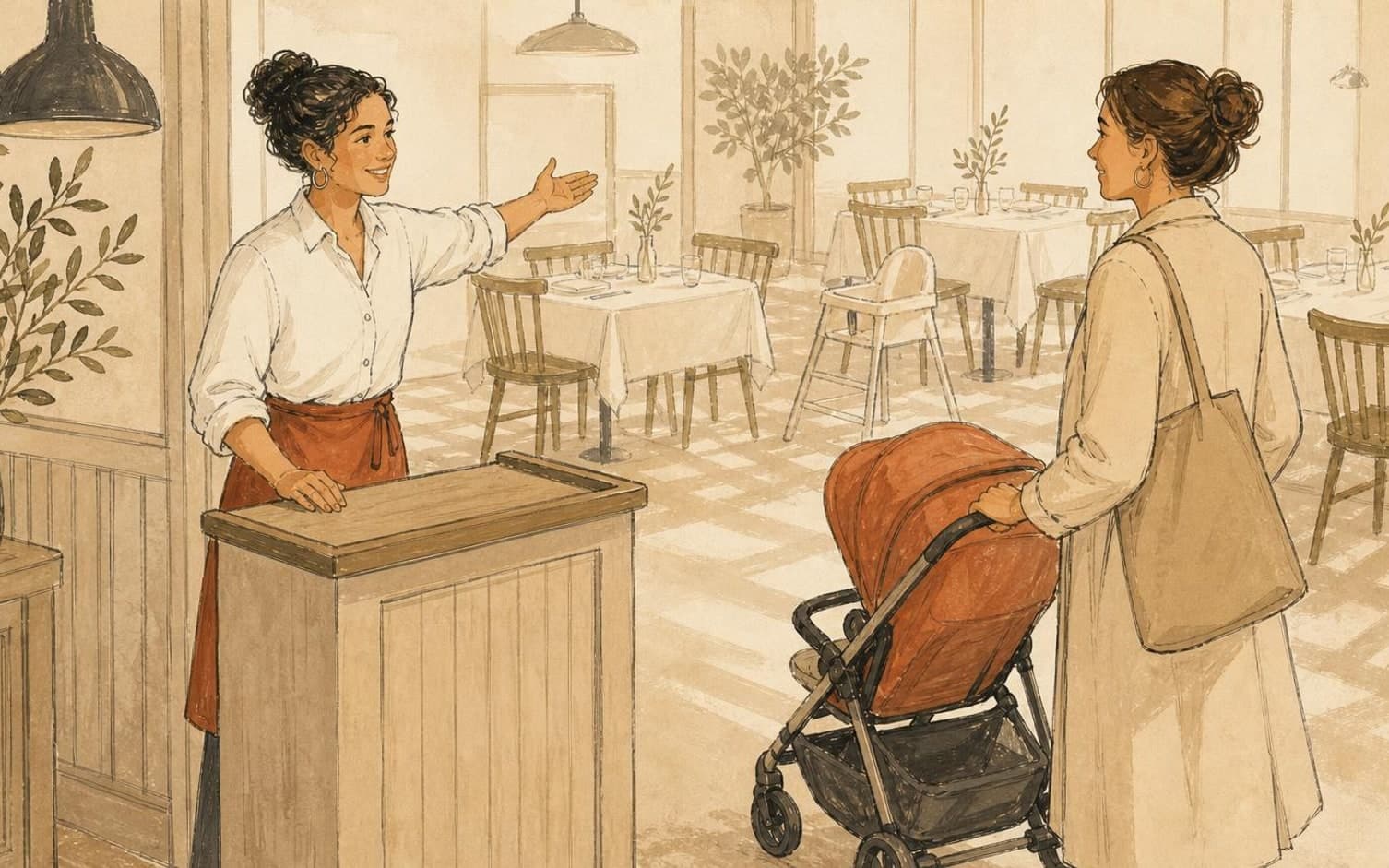 A hostess at the podium welcomes a guest with a stroller into a calm restaurant set with laid tables and a high chair.