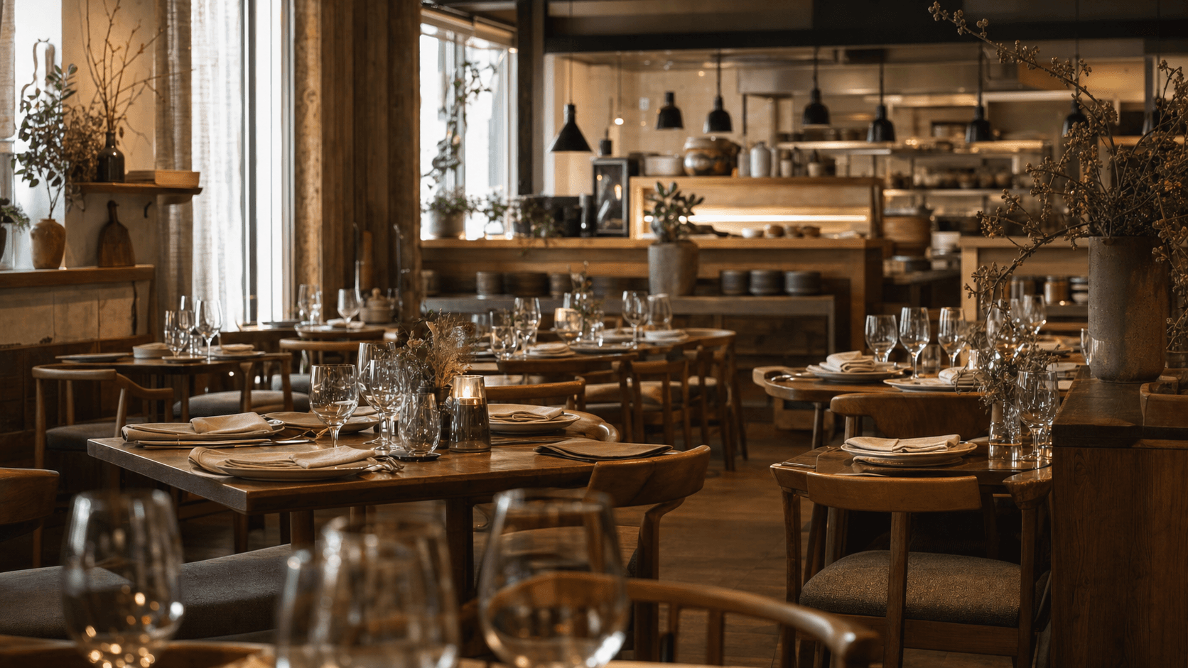 Full skandinavisk restaurant med dekkede trebord før service